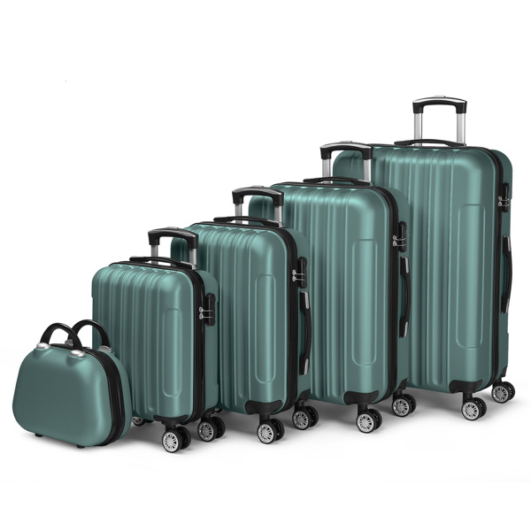 5-Piece Suitcase Set, Travel Suitcase Set with Cosmetic Case, Hard Shell Suitcase Set Made of ABS, Luggage Set with Vanity Case, Green