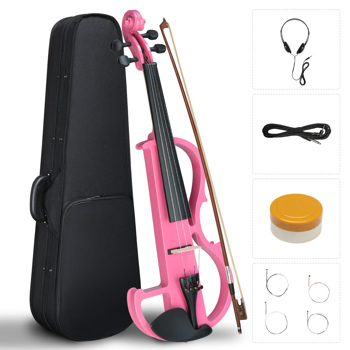 Full Size 4/4 Bunnel Edge Electric Silent Violin with Case Bow Rosin Headphone Connecting Line Pink