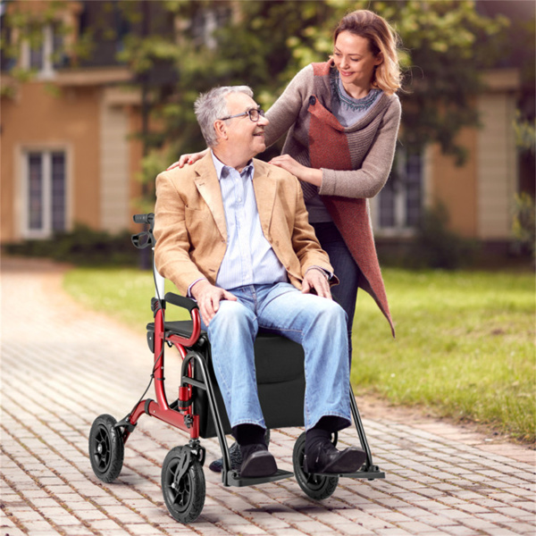 New 2-in-1 Foldable Rollator Walker with 9 Inch Pneumatic Tires 
