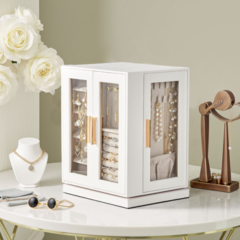 360° Rotating Jewelry Box with 5 Drawers - White Cabinet & Pink Velvet Storage (22x18x28.5cm)