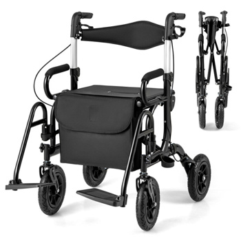 New 2-in-1 Foldable Rollator Walker with 9 Inch Pneumatic Tires -Black