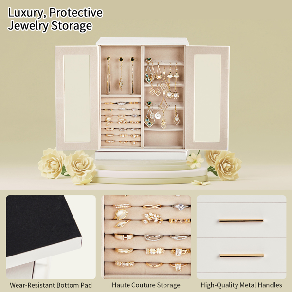 360° Rotating Jewelry Box with 5 Drawers - White Cabinet & Pink Velvet Storage (22x18x28.5cm)