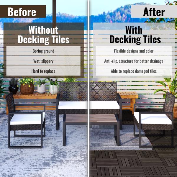 30 块联锁甲板瓷砖条纹图案，12 英寸 x 12 英寸深棕色方形相思木硬木户外地板，适用于露台、阳台、泳池边-23
