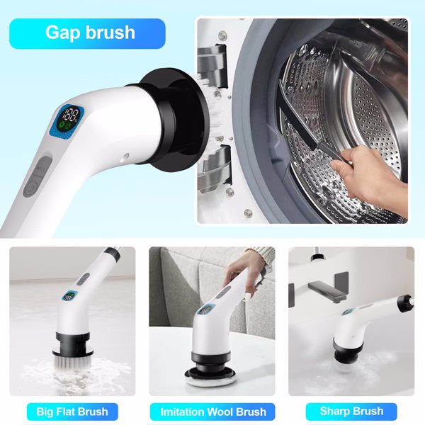 Electric Spin Scrubber for Cleaning - Bathroom Floor Shower Scrubber with Long Handle Cordless Handheld Power Spin Brush, IPX7 7in1 400RPM LED-Screen Fast Charging (Ship by WFS Multichannel)