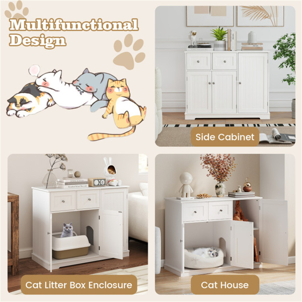 Cat Litter Box Enclosure With 2 Drawers 3 Doors Anti-Toppling Devices Storage  ﻿