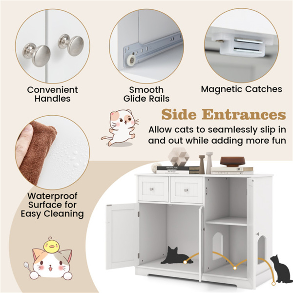 Cat Litter Box Enclosure With 2 Drawers 3 Doors Anti-Toppling Devices Storage  ﻿