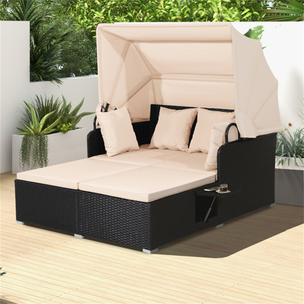 Beige  Rattan Daybed Lounge W/ Retractable Top Canopy Side Tables Cushions 