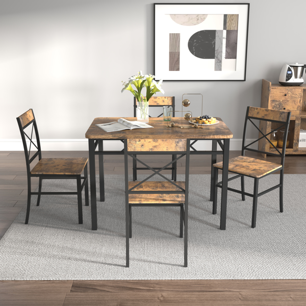 Dining Table Set for 4, Wood Kitchen Table with Chairs Dinning Table Set for Kitchen & Dining Room, Compact Dining Set for Small Spaces, Rustic Brown 
