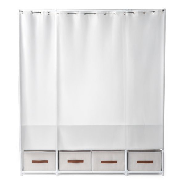 3-Tier Hanging Wardrobe with Storage Boxes & Curtains – Non-Woven Fabric Closet (144*45*166.5cm, White)