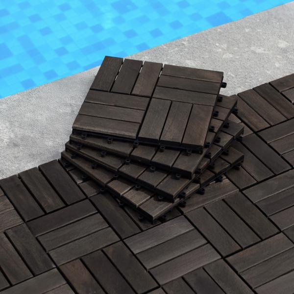 30 块联锁甲板瓷砖条纹图案，12 英寸 x 12 英寸方形浅灰色相思木硬木户外地板，适用于露台、阳台、泳池边-21