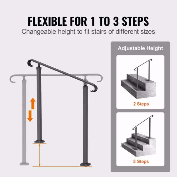 可调节户外踏步扶手，适合1-3级台阶，混凝土或木制楼梯的黑色过渡设计，前廊安全栏杆（周末不发货，禁售亚马逊）-4