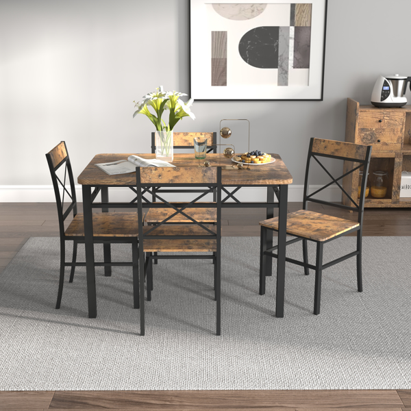 Dining Table Set for 4, Wood Kitchen Table with Chairs Dinning Table Set for Kitchen & Dining Room, Compact Dining Set for Small Spaces, Rustic Brown 