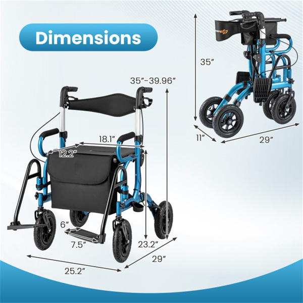 New 2-in-1 Foldable Rollator Walker with 9 Inch Pneumatic Tires 