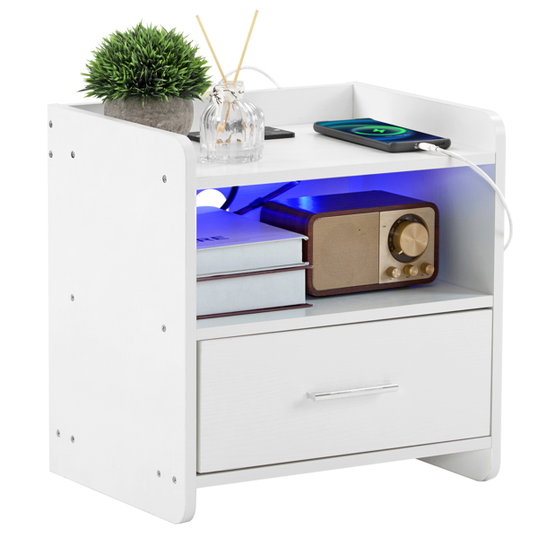 39*29*41cmcm Particleboard Pasted Triamine Single Drawer With Socket With LED Light Bedside Table White