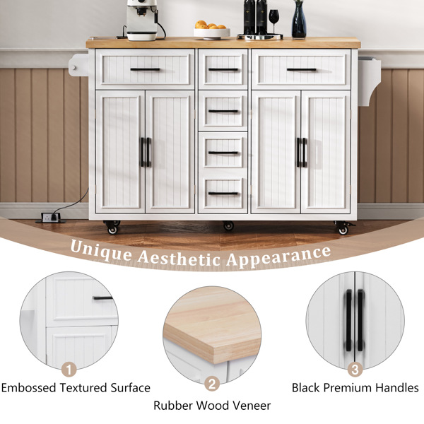 56.5'' Kitchen Island with Drop Leaf, Power Outlet, Embossed Vertical Stripe Rolling Kitchen Cart on Wheels with 4 Doors , 5 Deep Drawers and Adjustable Shelves, for Kitchen, Dining Room, White