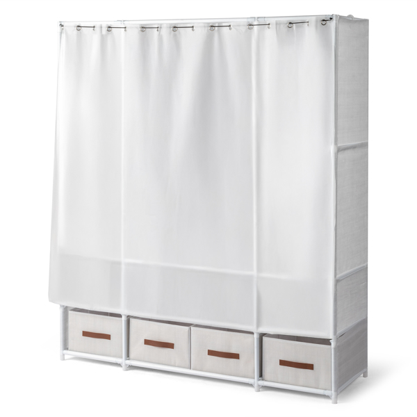 3-Tier Hanging Wardrobe with Storage Boxes & Curtains – Non-Woven Fabric Closet (144*45*166.5cm, White)