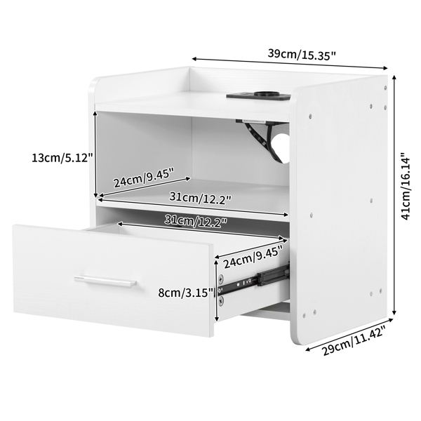 39*29*41cmcm Particleboard Pasted Triamine Single Drawer With Socket With LED Light Bedside Table White