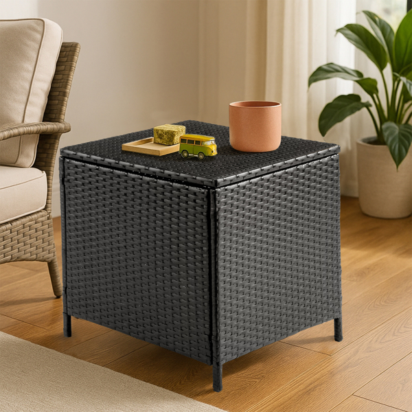 Outdoor PE Wicker Side Table with Storage, Patio Rattan End Table Square Container for Furniture Covers, Toys and Gardening Tools, Black