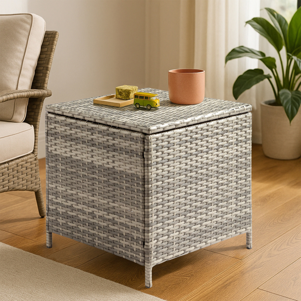 Outdoor PE Wicker Side Table with Storage, Patio Rattan End Table Square Container for Furniture Covers, Toys and Gardening Tools, Grey 