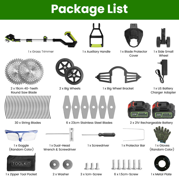 （物流随机发，自提可发加拿大）-21V 电动除草机 充电式线绳修剪器 割草机 除草机 配备 16800RPM 2x 3000mAh 电池 3.6-4.6FT 长度 90° 可旋转角度锯片 钢制锯片 线绳锯片-17