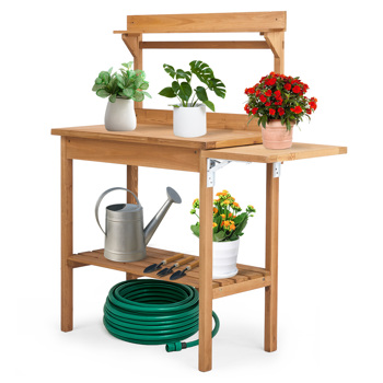 Outdoor Garden Potting Bench Table with Folding Pallet, Wooden Horticulture Planting Worstation with Metal Tabletop and Storage Shelves, Natural Wood