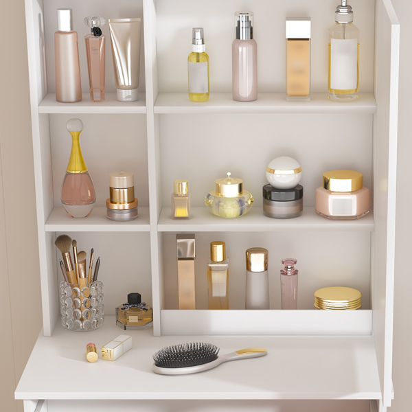 现代迷你梳妆台，带 LED 照明镜和隐藏式储物空间，包括软垫凳子、可调节亮度梳妆台、多层防尘架，白色不支持Self-Pick Up-6