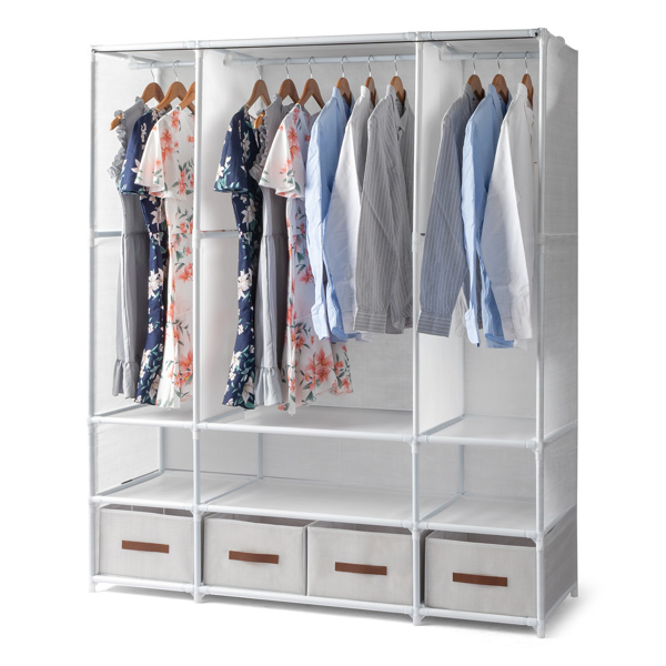 3-Tier Hanging Wardrobe with Storage Boxes & Curtains – Non-Woven Fabric Closet (144*45*166.5cm, White)