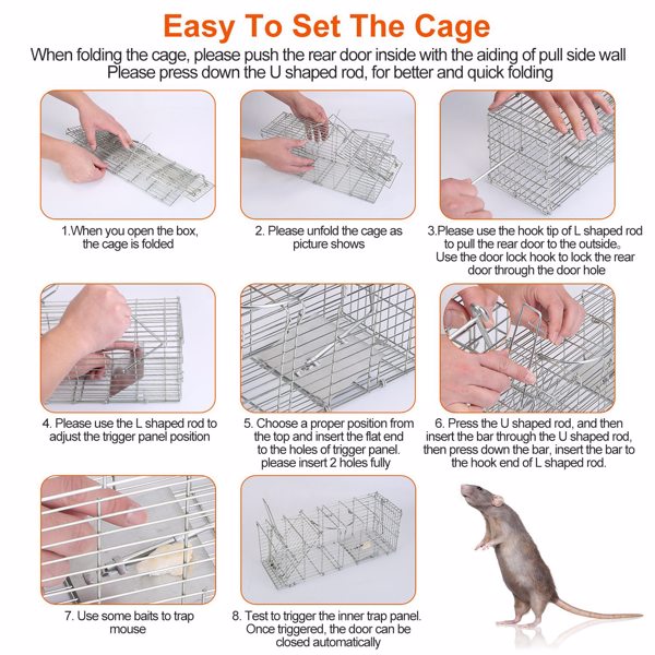 Foldable Rat Trap Cage Humane Live Rodent Trap Cage Galvanized Iron Mice Mouse Control Bait Catch with Detachable L Shaped Rod