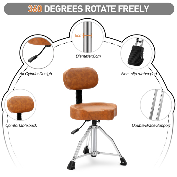 Drum Throne with Backrest, Hydraulic Drum Stool Adjustable Height, Heavy Duty Hydraulic Drum Seat Saddle Design for Drummers Brown