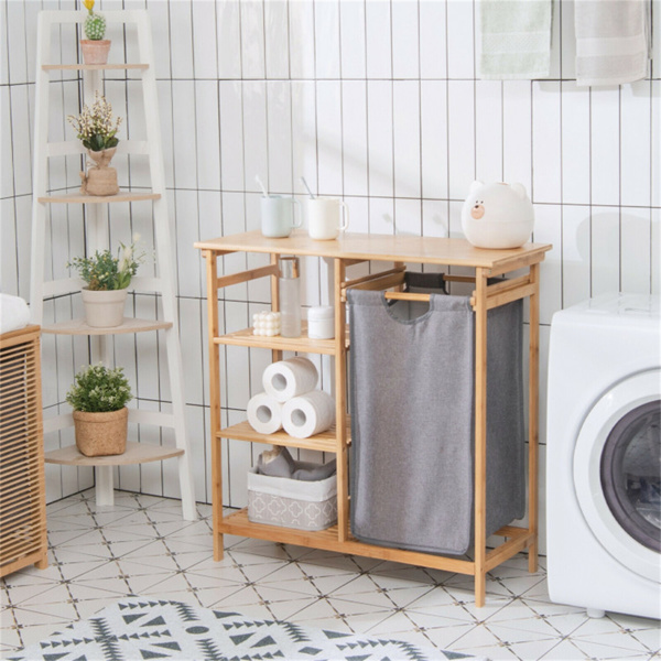 Bamboo Laundry Hamper Stand with 3-Tier Open Shelves