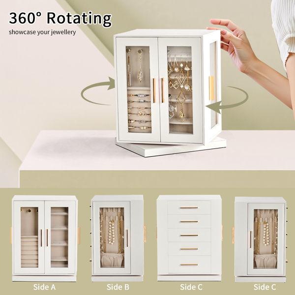 360° Rotating Jewelry Box with 5 Drawers - White Cabinet & Pink Velvet Storage (22x18x28.5cm)