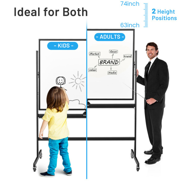 48''x36'' Mobile Whiteboard with Height Adjust，Magnetic Double-Sided Reversible Whiteboard