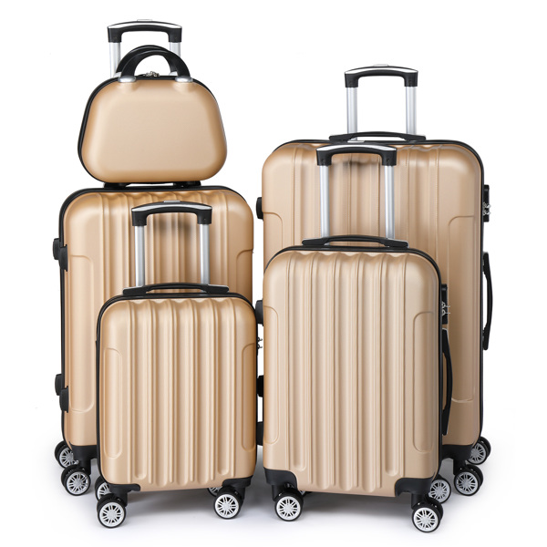 5-Piece Suitcase Set, Travel Suitcase Set with Cosmetic Case, Hard Shell Suitcase Set Made of ABS, Luggage Set with Vanity Case, Champagne gold