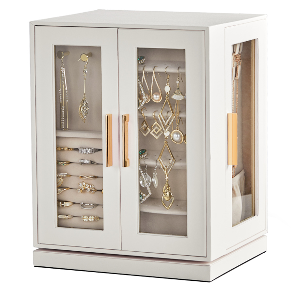360° Rotating Jewelry Box with 5 Drawers - White Cabinet & Pink Velvet Storage (22x18x28.5cm)