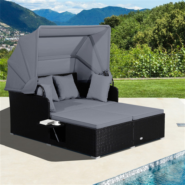 Gray  Rattan Daybed Lounge W/ Retractable Top Canopy Side Tables Cushions 
