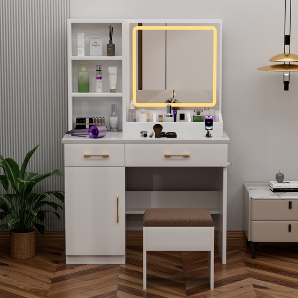 32'' Wide Makeup Vanity Desk with Lighted Mirror and Power Outlet, Dressing Table with Large Storage Space and Cushioned Stool for Bedroom & Studio