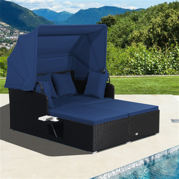 Navy  Rattan Daybed Lounge W/ Retractable Top Canopy Side Tables Cushions 