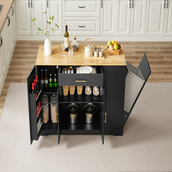 53 inch Large Kitchen Island with Trash Can Storage Cabinet, Islands Table with Drawer  and Adjustable Shelves, Breakfast Bar Cabinet for 13 Gallon Garbage Bin, Black & Oak