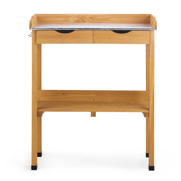 76*37*92.5CM 橘黄色 杉木 2层置物架带2个抽屉 3个侧挂钩 园艺操作台-3