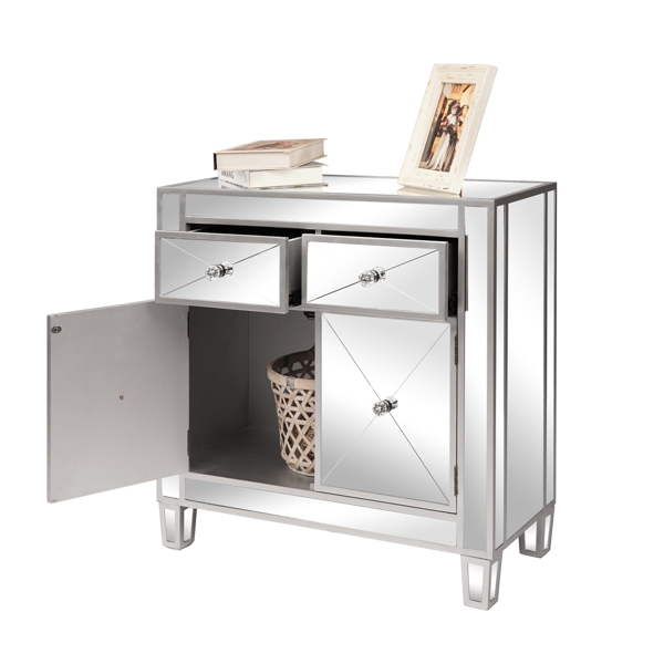 28in MDF With Mirror Surface Two Drawers Two Doors Bedside Table Silver