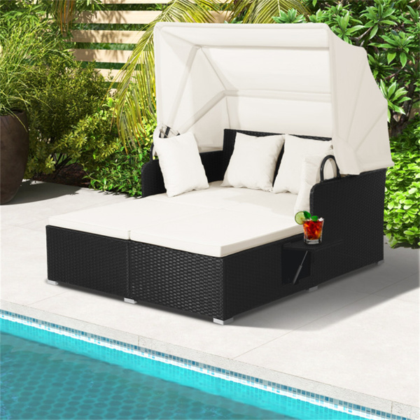 White Rattan Daybed Lounge W/ Retractable Top Canopy Side Tables Cushions 