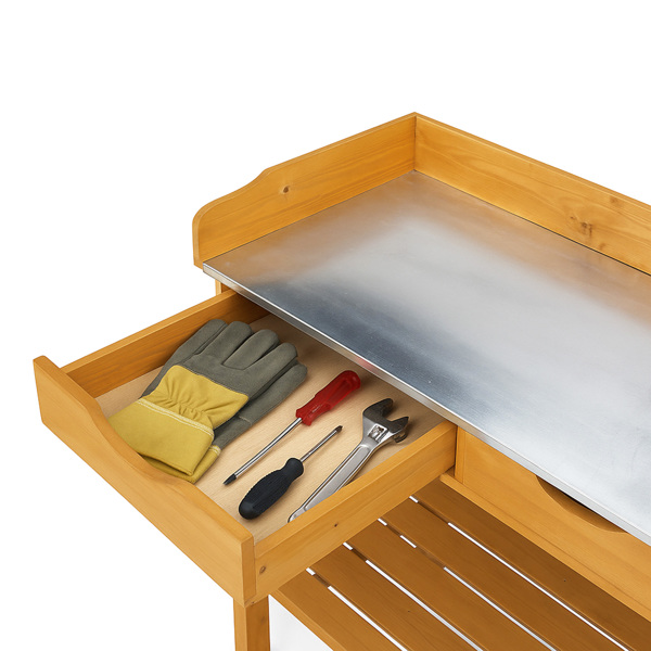 76*37*92.5CM 橘黄色 杉木 2层置物架带2个抽屉 3个侧挂钩 园艺操作台-2