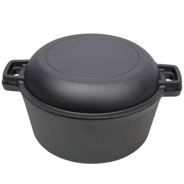 2 in 1 Pre-Seasoned Cast Iron Dutch Oven With Dual Handles, Outdoor Camping Deep Pot for Camping Fireplace Cooking BBQ Baking Campfire, 5 Quart.With 2pcs Silicone Handel Covers.