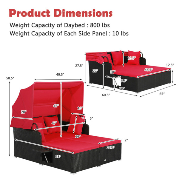 Red Rattan Daybed Lounge W/ Retractable Top Canopy Side Tables Cushions 