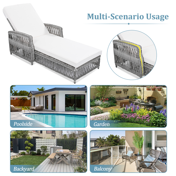 Outdoor Long Reclining Chaise, Wicker Lounge with Armrests, Patio Adjustable Recliner with Soft Removable Cushions, All Weather Rattan Pool Lounge for Poolside & Garden, Beige