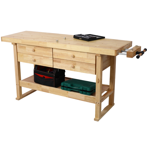 60in Workbench with 4 Drawers Wooden Workbench for Garage Workshop and Home, with Rapid Action Woodworking Vise 7 Inch Jaw Width Made with Heavy-Duty Cast Iron ,GRAY 