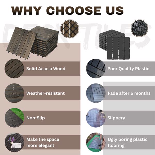 30 块联锁甲板瓷砖条纹图案，12 英寸 x 12 英寸深棕色方形相思木硬木户外地板，适用于露台、阳台、泳池边-7