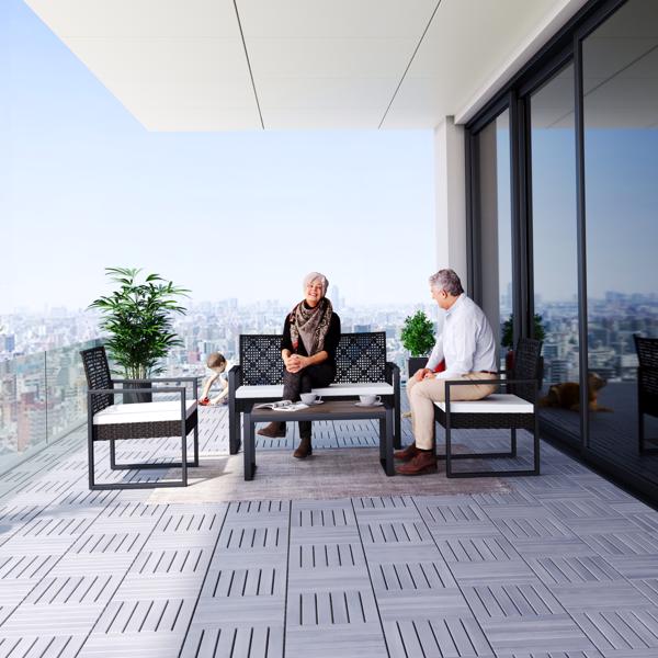 30 块联锁甲板瓷砖条纹图案，12 英寸 x 12 英寸方形浅灰色相思木硬木户外地板，适用于露台、阳台、泳池边-15