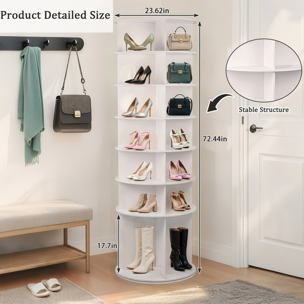 7 Tier Rotating Shoe Rack, High Bottom Design Rotating Shoe Rack Tower, Free Standing 360° Spinning Shoe Organizer, Round Display Spinning Shoe Rack Tower, Fits 28 Pairs of Shoes (White)