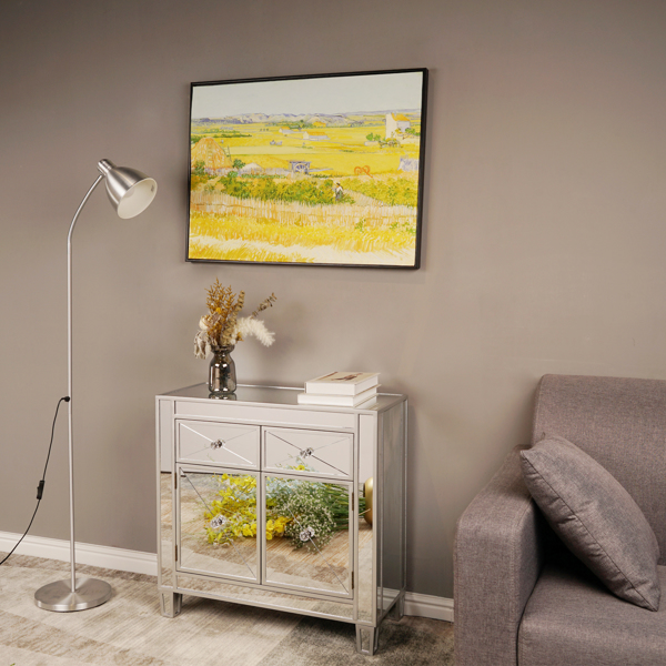 28in MDF With Mirror Surface Two Drawers Two Doors Bedside Table Silver